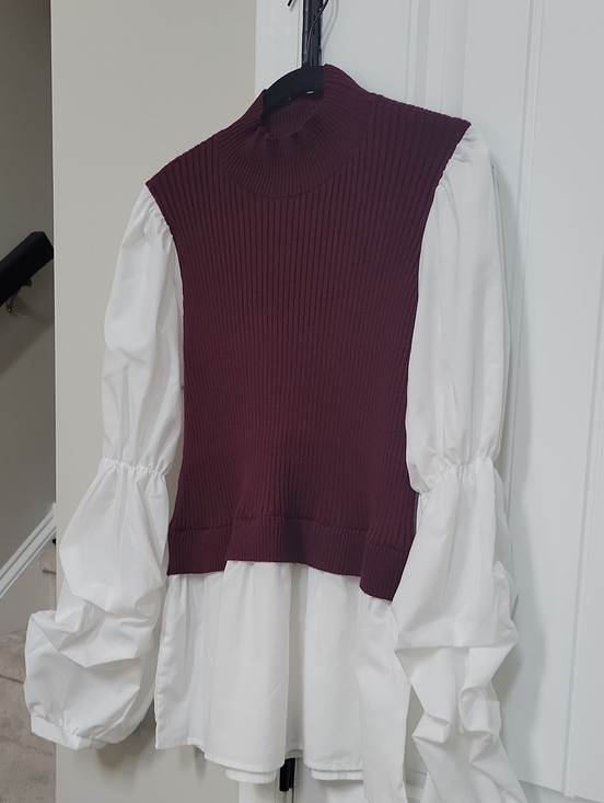 Tops - Burgundy Ribbed Mock Neck Tunic Over White Puff-Sleeve Blouse
